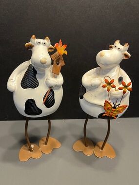 Long Leg Black & White Cow Holding Bird House, Bird and Flowers Set of 2 RARE